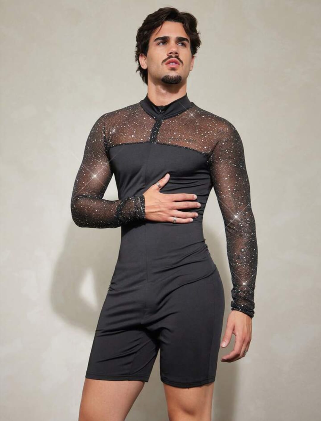 Men's Glitter Mesh Panel Bodycon Romper Jumpsuit for Party & Stage Wear